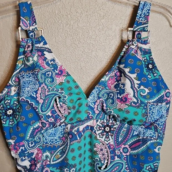 SPANX Multicolor Paisley Slimming Tummy Control Swimwear XL blue - Picture 2 of 7